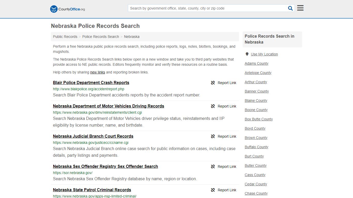 Nebraska Police Records Search - County Office
